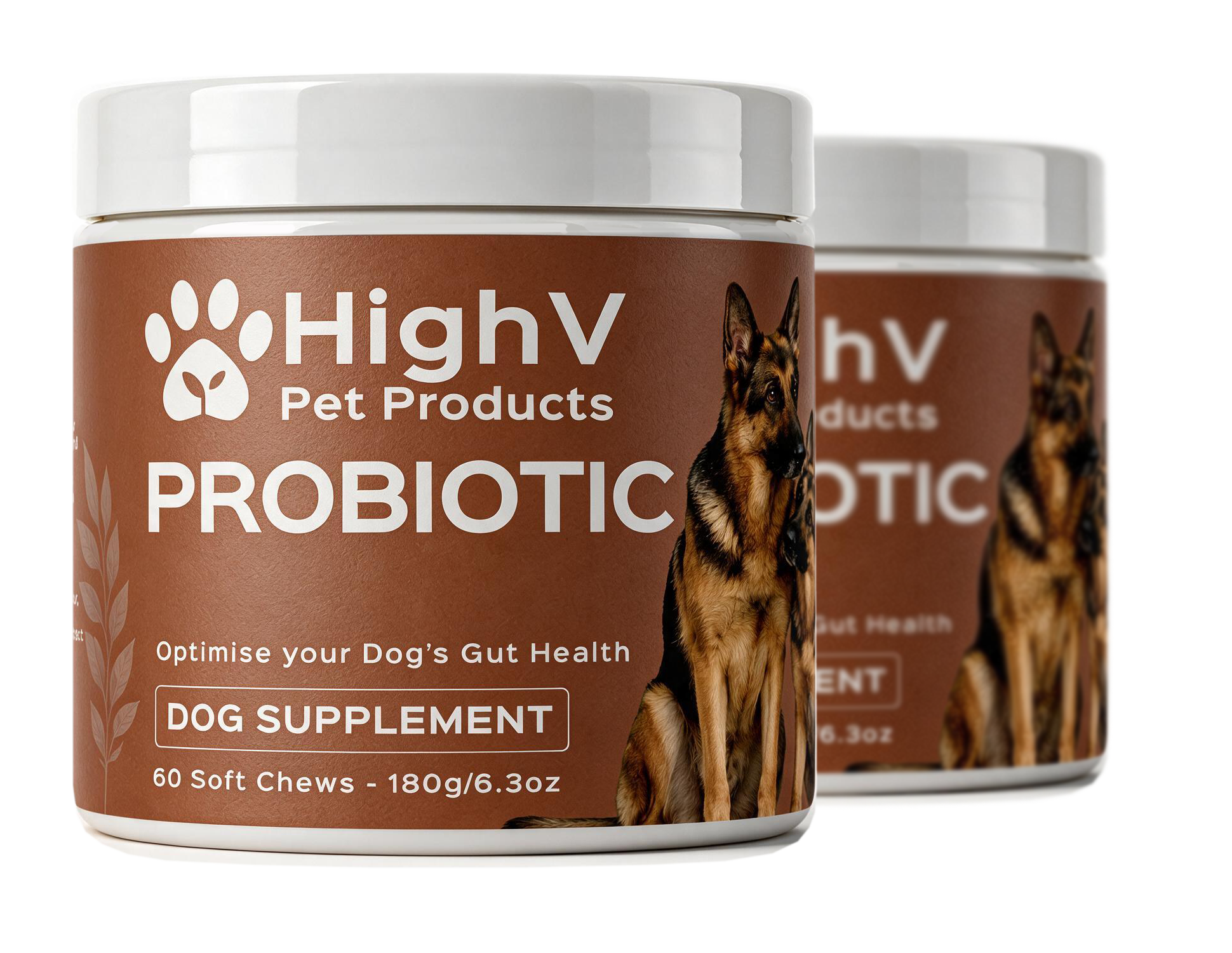 HighV Probiotic Dog Treats jars, 60 liver-flavoured probiotic soft chews for dogs
